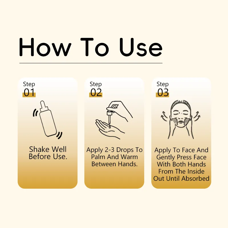 Three-step instructions: Step 1 - Shake well before use; Step 2 - Apply 2-3 drops to palm and warm between hands; Step 3 - Apply to face and gently press